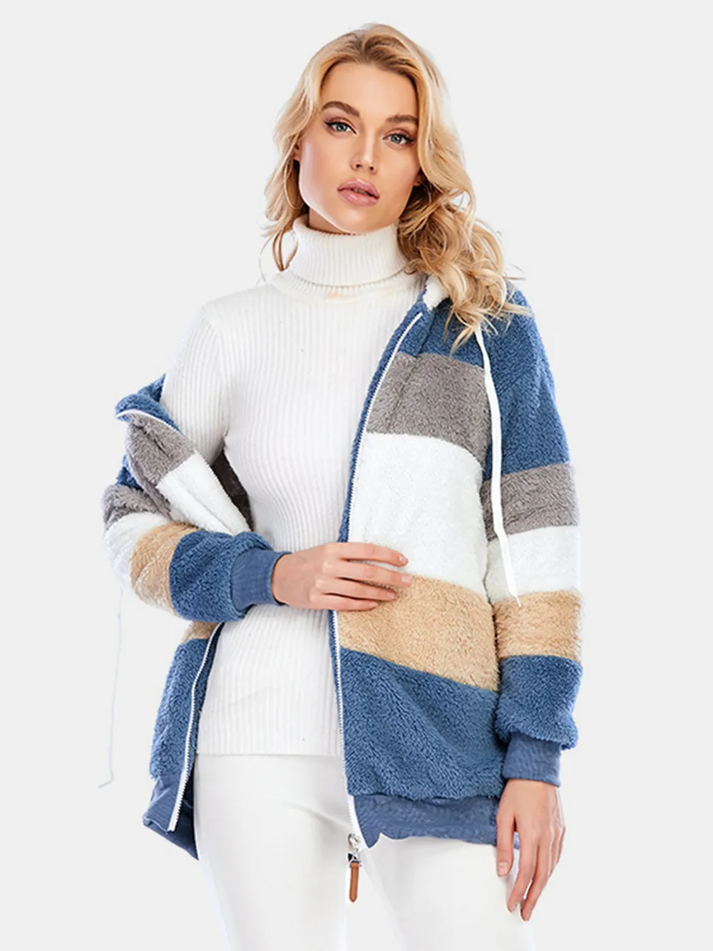 Full Size Drawstring Color Block Zip Up Hooded Outerwear, image 6