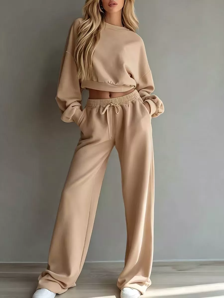 Round Neck Cropped Sweatshirt and Wide-Leg Pants, image 13