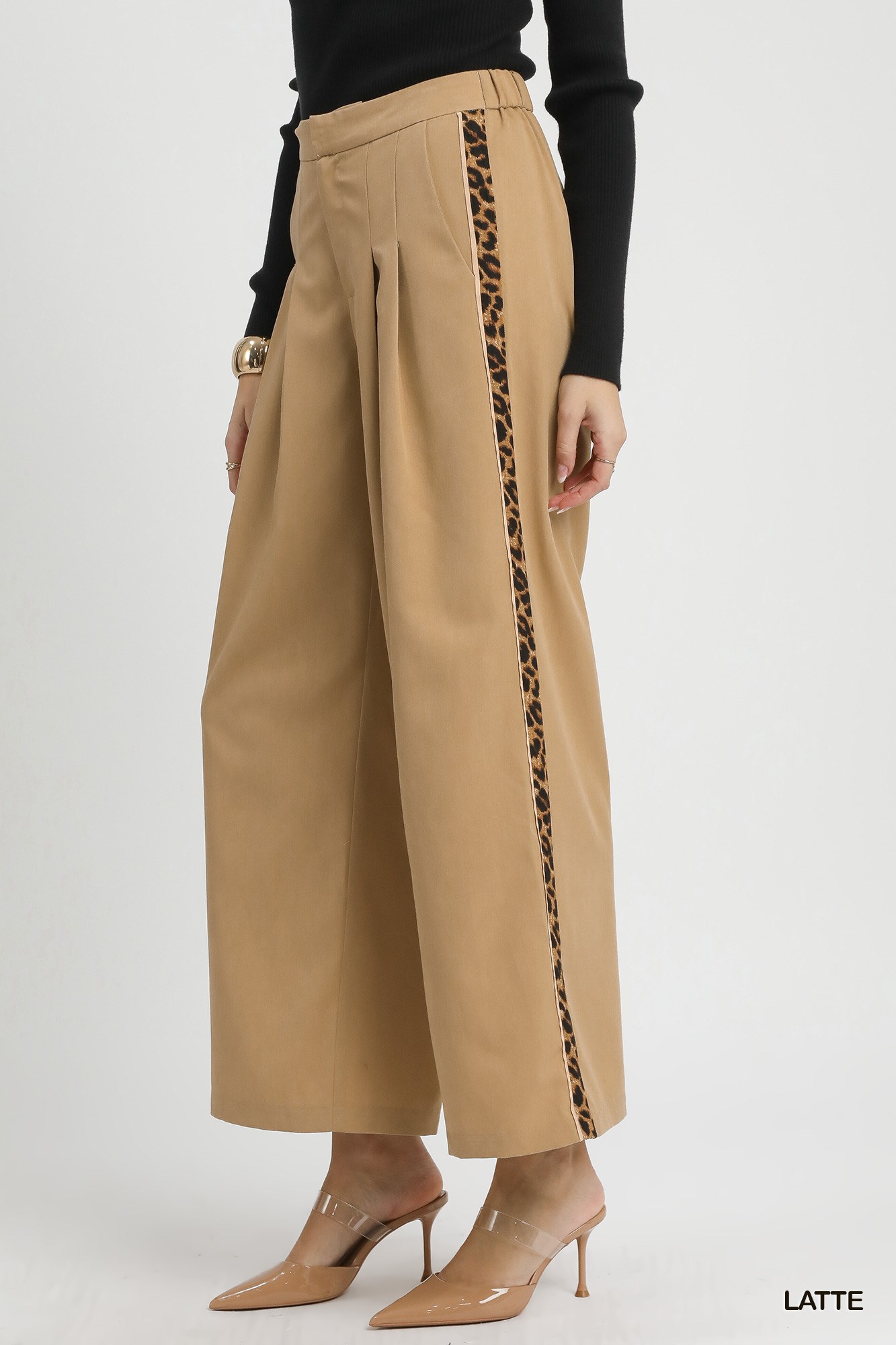 Front Pleated Wide-Leg Pants with Contrast Trim, image 2