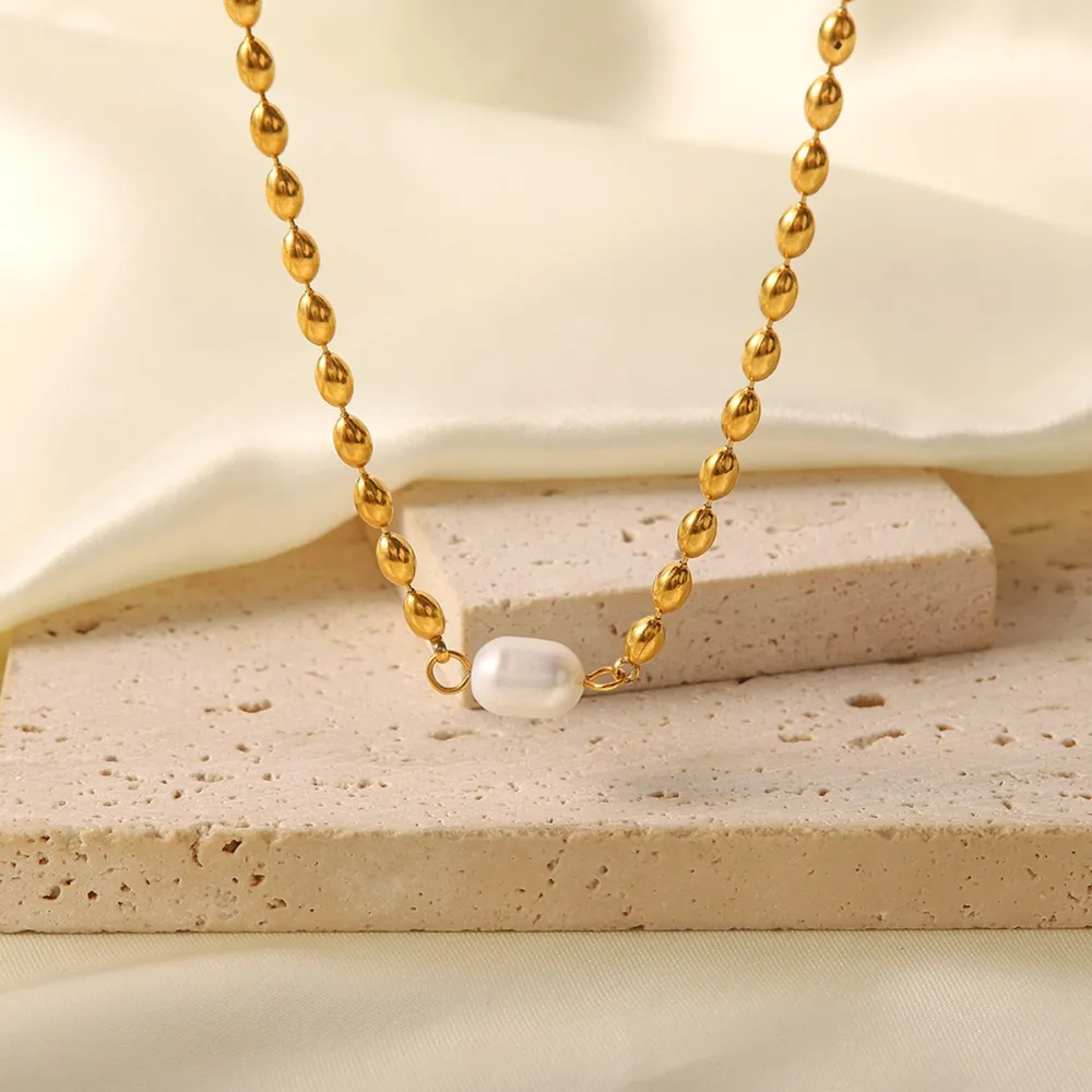 Pearl and Gold Chain Jewelry Set with Necklace and Bracelet, image 3