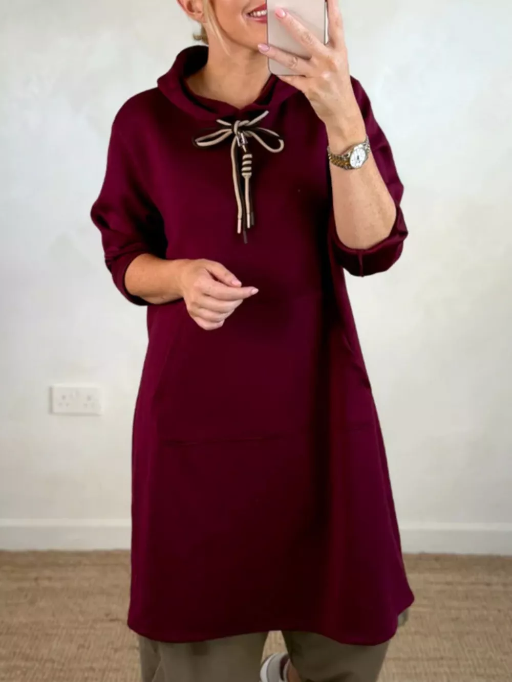 Full Size Casual Drawstring Hooded Sweatshirt Dress Plus Size, image 5