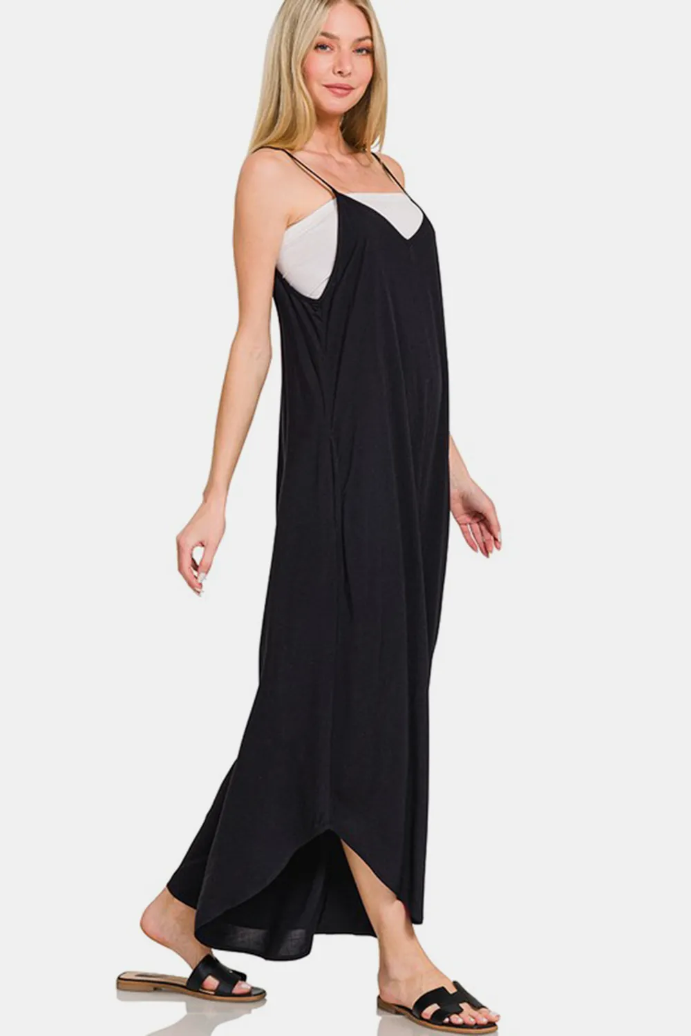 Spaghetti Strap Wide Leg Overalls with Pockets, image 3