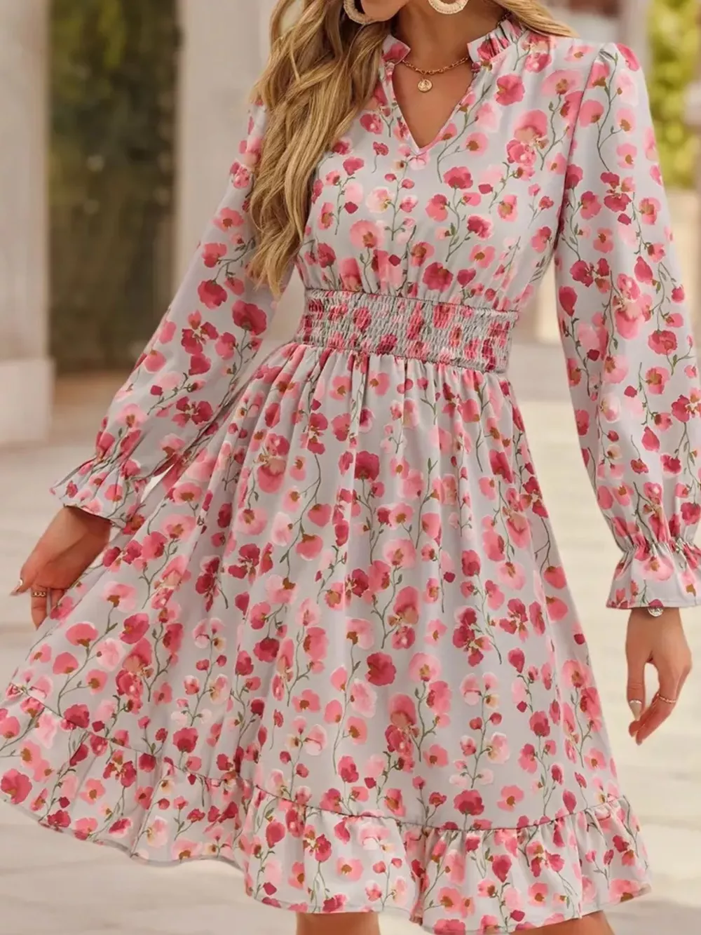 Floral Notched Flounce Sleeve Dress, image 8