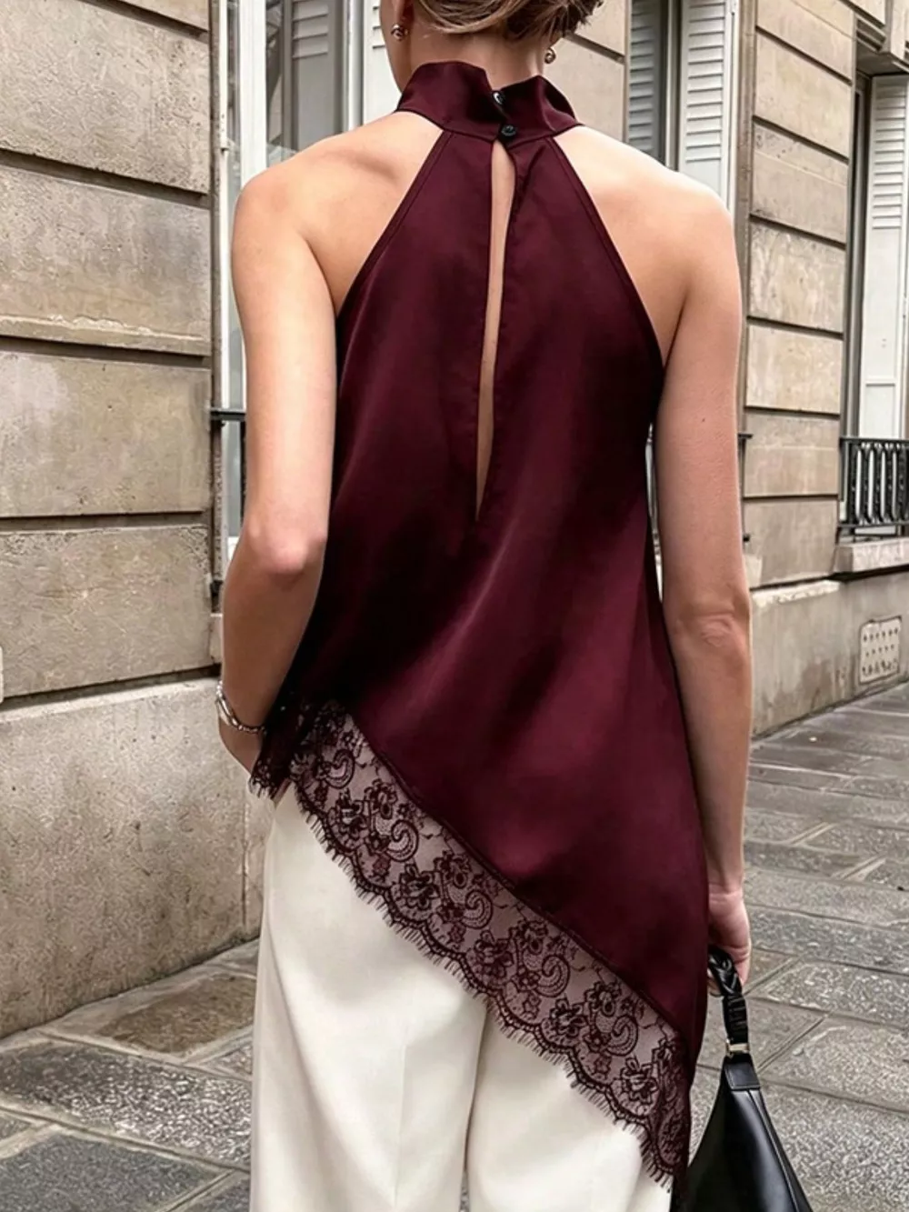 Polka Dot Lace Trim Asymmetrical Hem Sleeveless Blouse, image 9