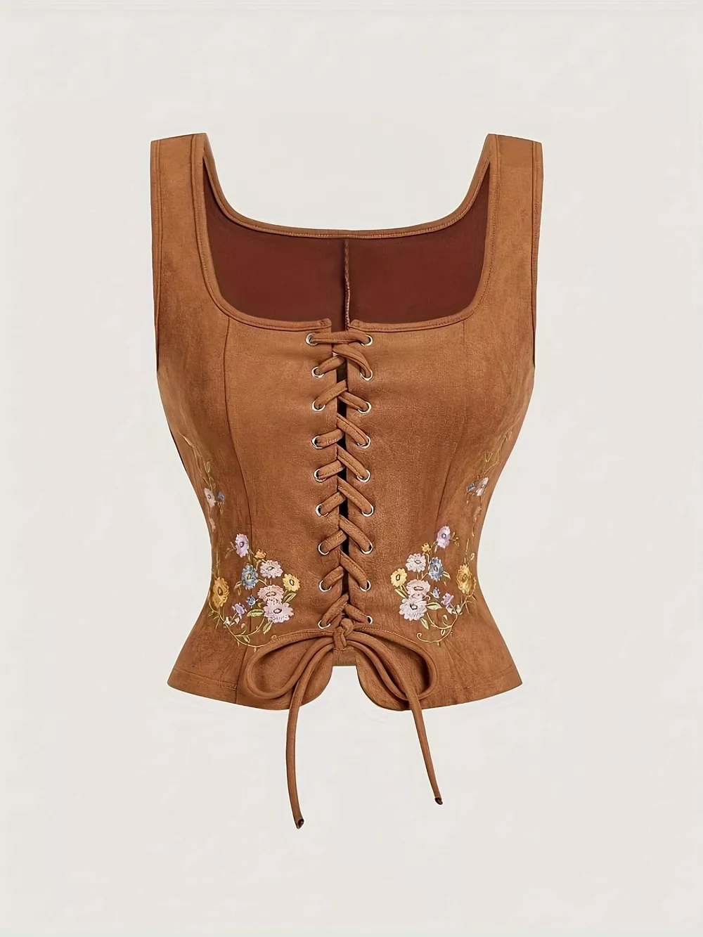 Floral Embroidered Lace-Up Vest Coat