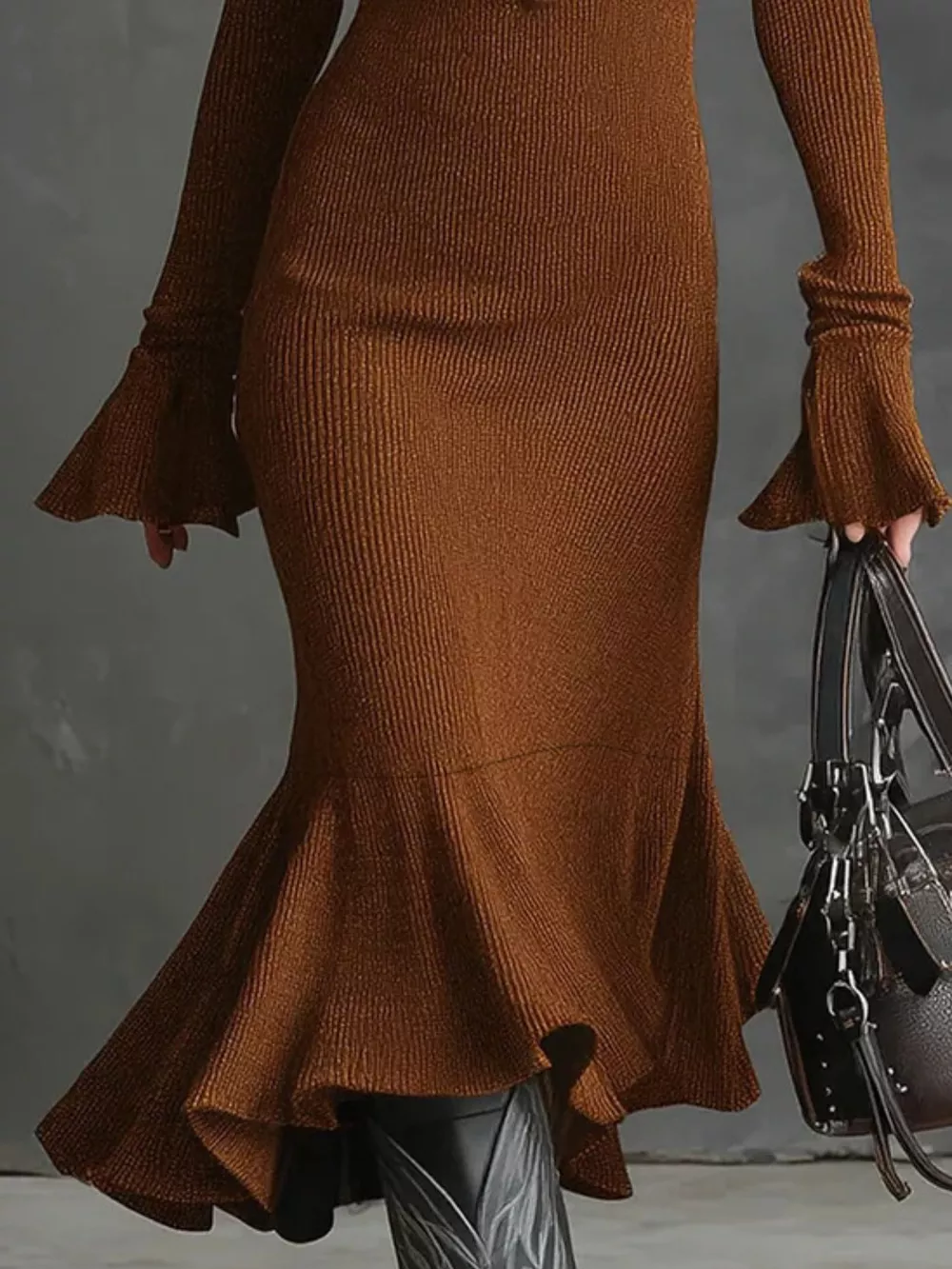Ribbed Knit Zip Front Flare Hem Midi Dress, image 16