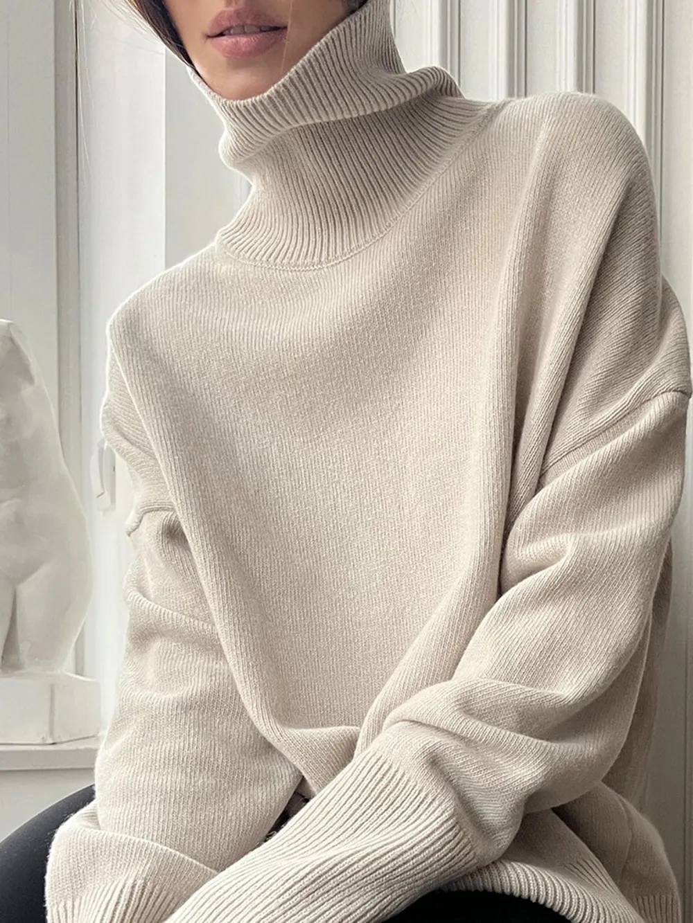 Ribbed Detail Turtleneck Dropped Shoulder Sweater, image 8