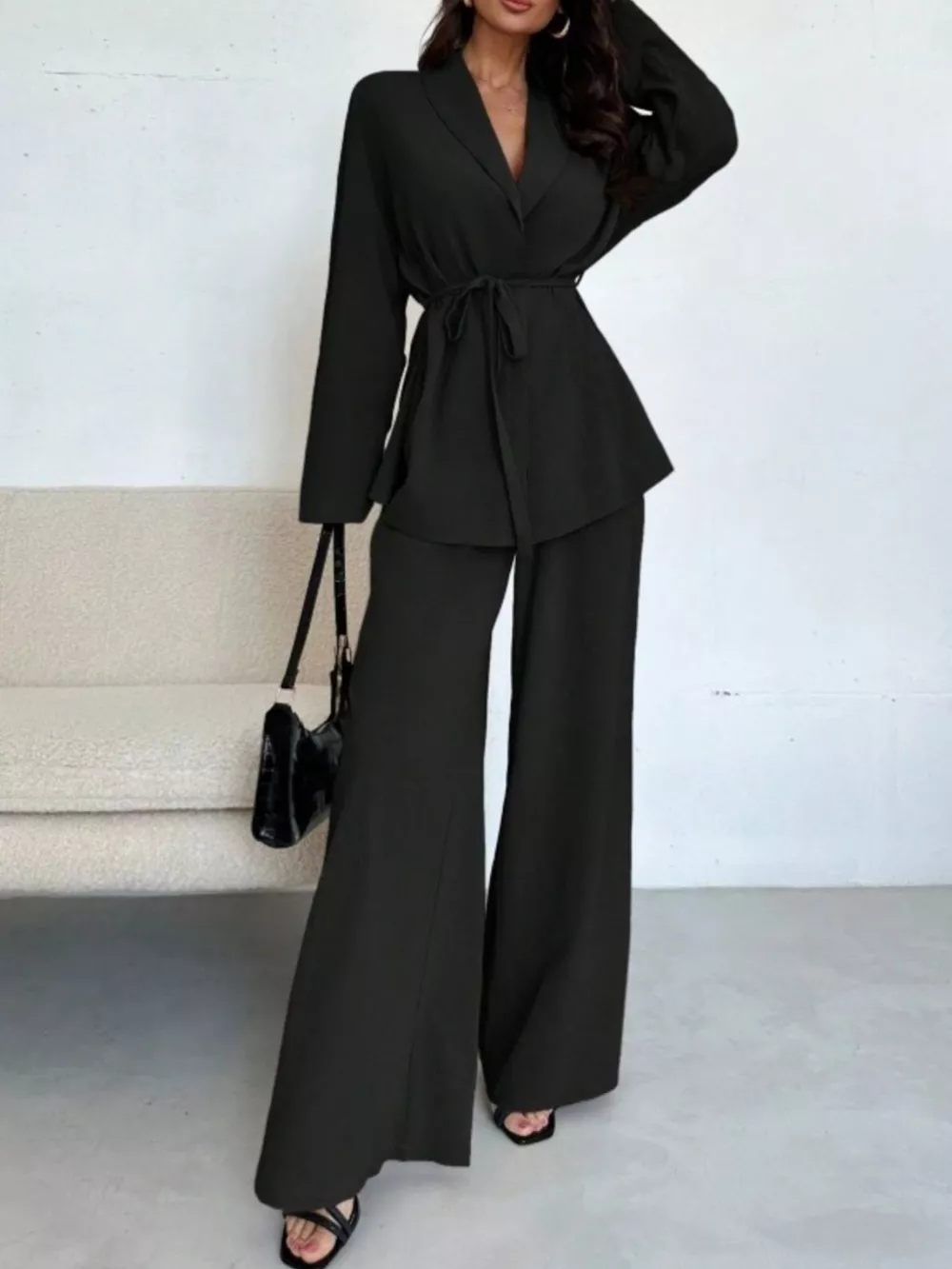 Textured Tie Waist Top and Wide-Leg Pants Set, image 7