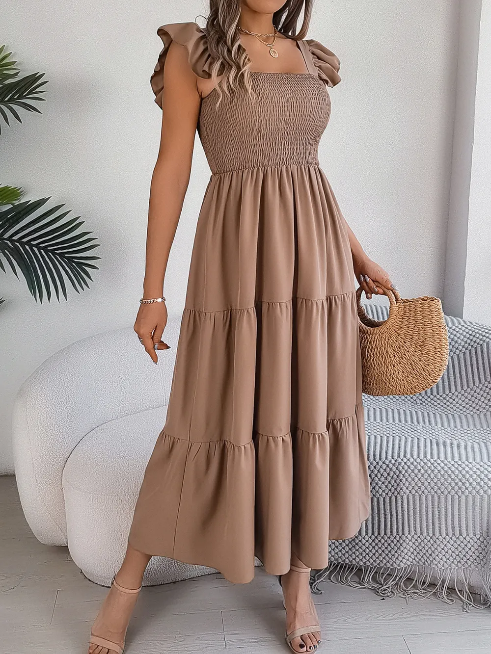 Smocked Square Neck Cap Sleeve Midi Dress, image 9