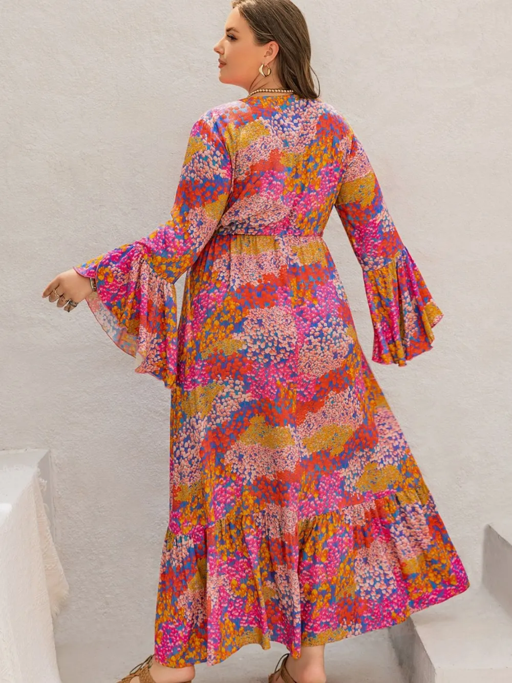 Plus Size Printed V-Neck Long Sleeve Maxi Dress, image 4