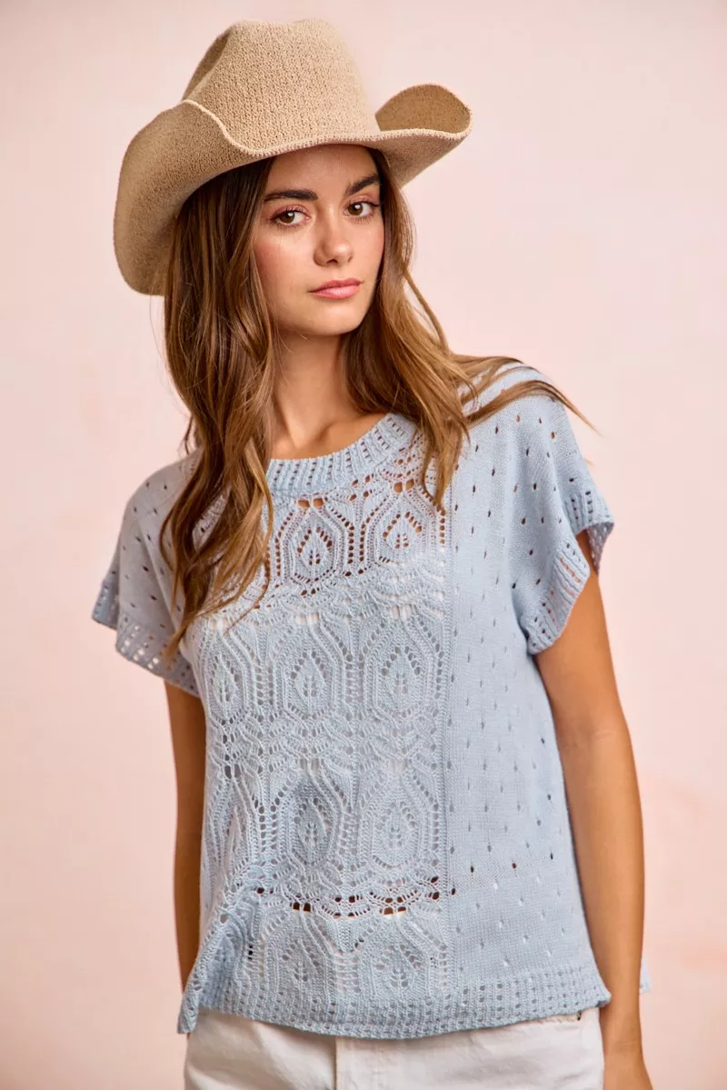 Washed Eyelet Short Sleeve Breathable Knit Top, image 15
