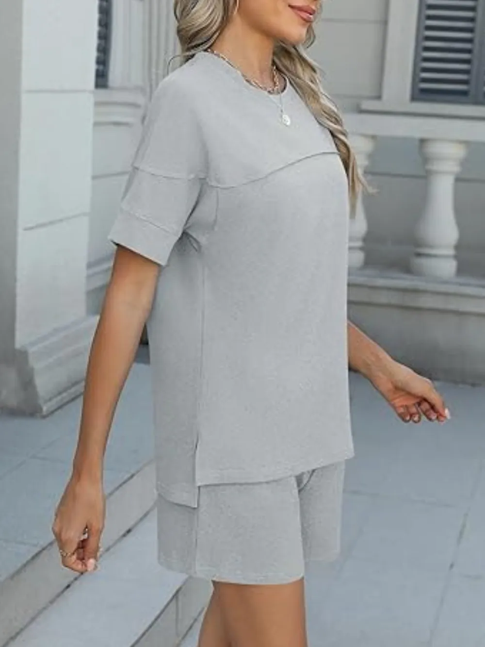 Round Neck Short Sleeve Top and Shorts Set, image 3