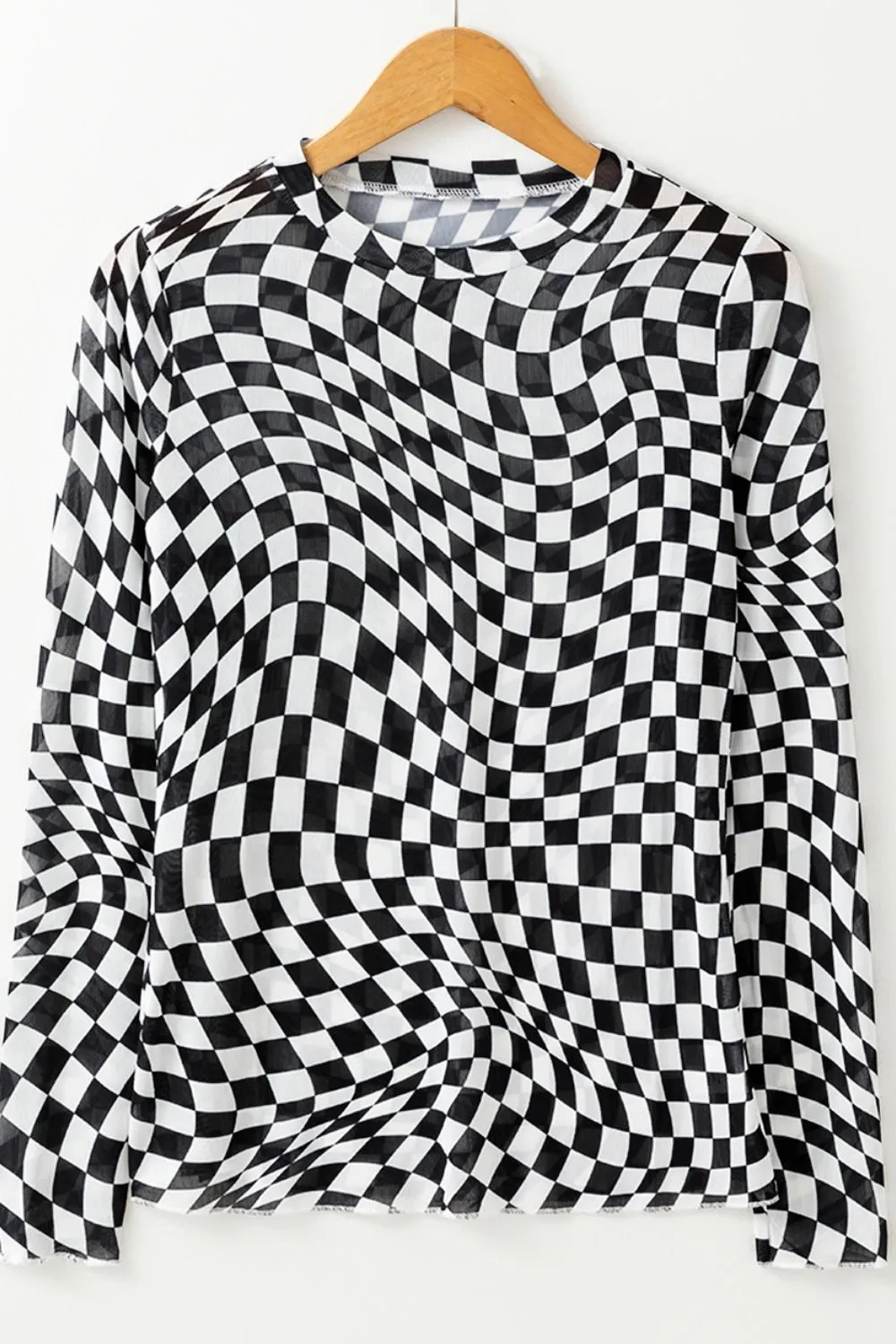 Checkered Mock Neck Long Sleeve Blouse, image 6