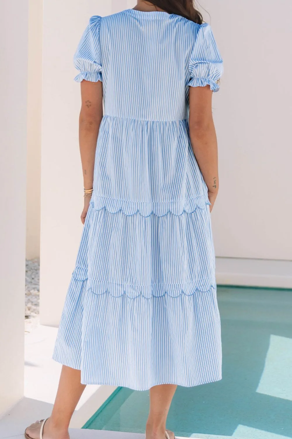 Stripe Bubble Short Sleeve Tiered Scallop Midi Dress, image 2