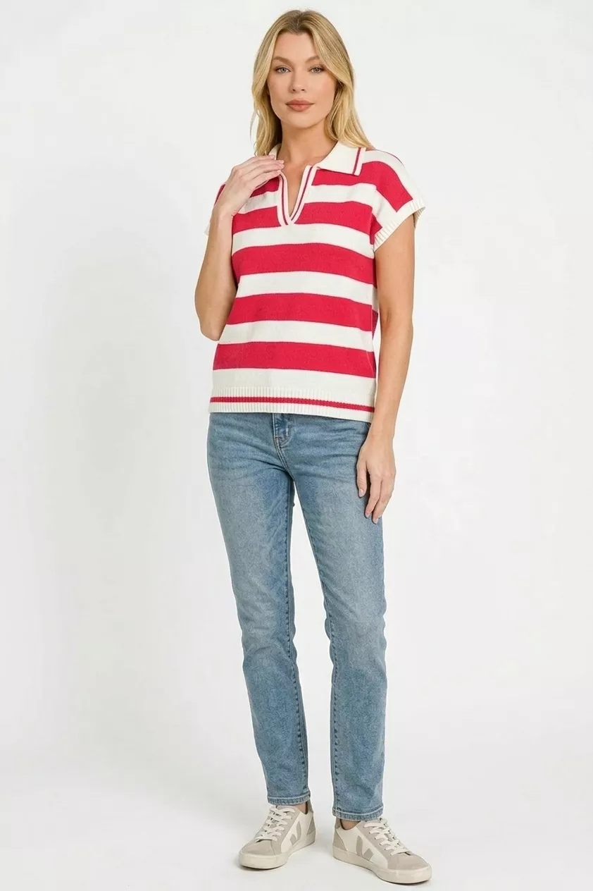 Striped Collared Short Sleeve Sweater, image 2