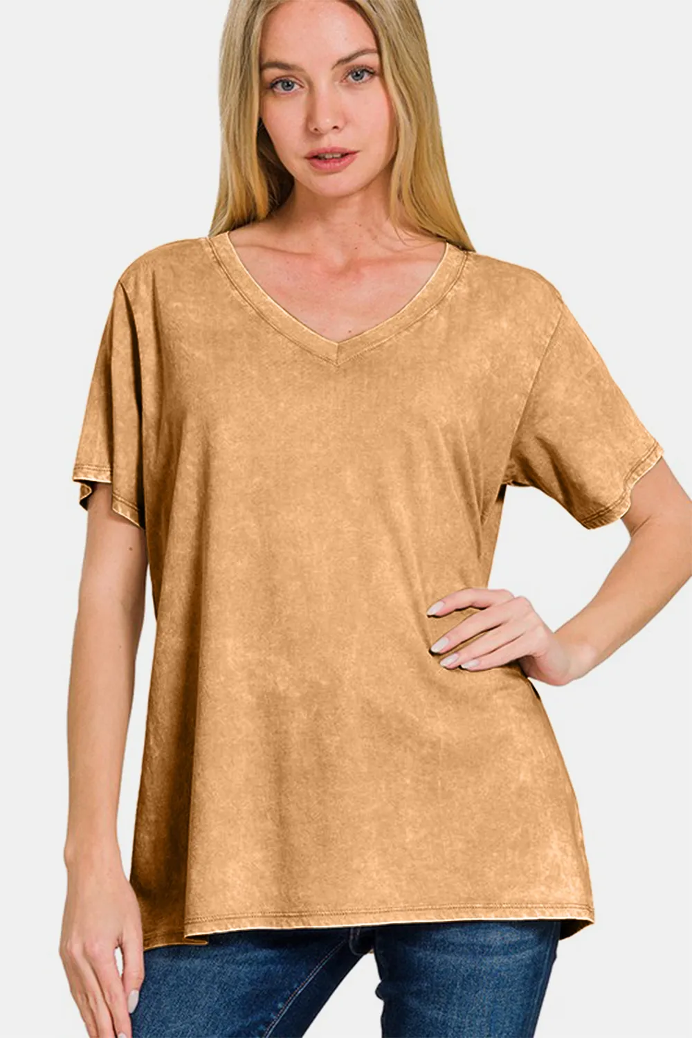 Full Size Washed Short Sleeve V-Neck T-Shirt, image 2