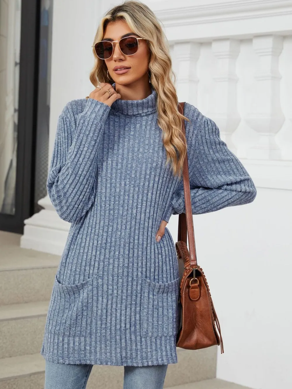 Ribbed Mock Neck Long Sleeve T-Shirt, image 34