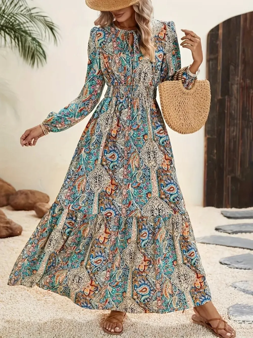 Printed Tie Neck Long Sleeve Maxi Dress, image 4