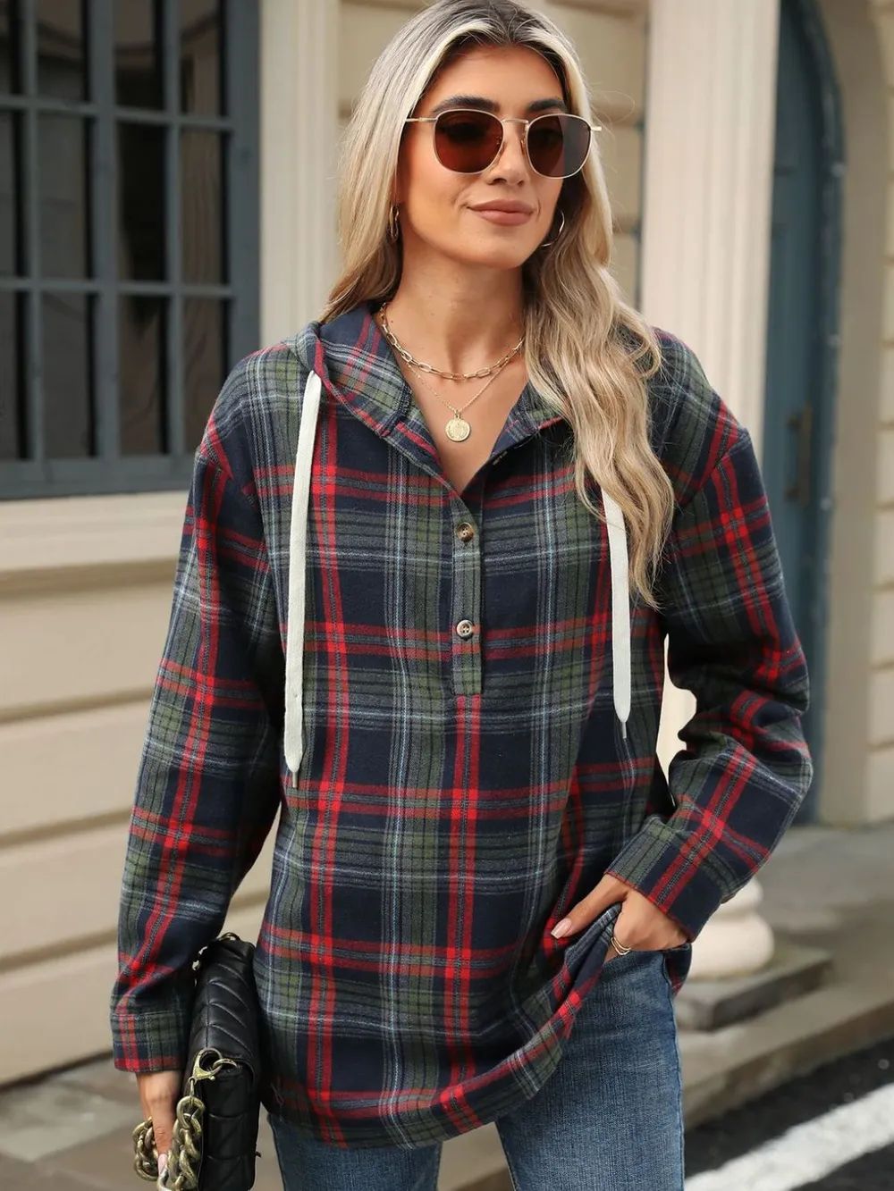Drawstring Plaid Hooded Long Sleeve Top, image 10
