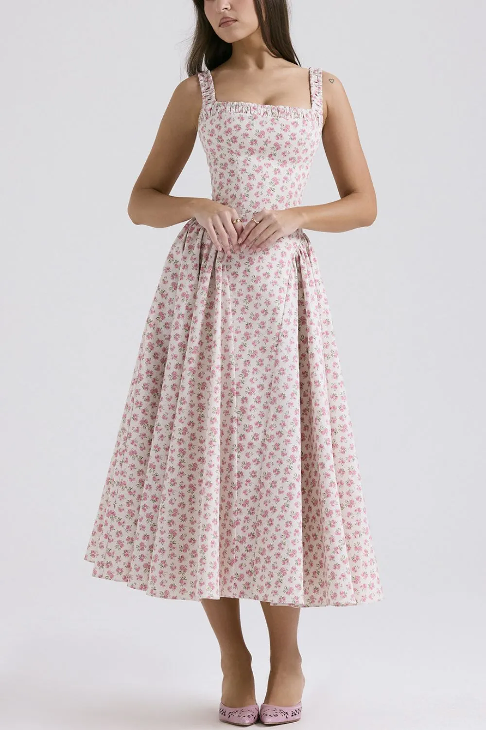 Floral Square Neck Wide Strap Midi Dress, image 2