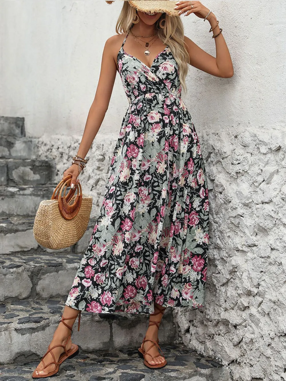 Smocked Printed Halter Neck Midi Dress, image 2