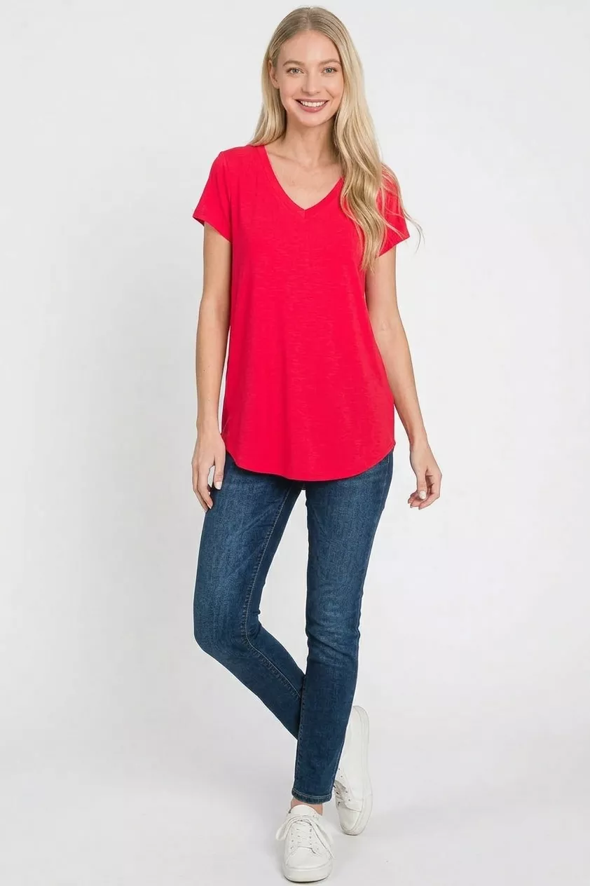 Rayon Short Sleeve V-neck Round Hem Top, image 2