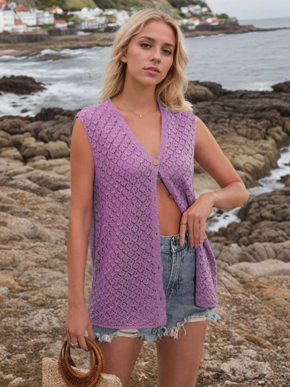 Button Down Eyelet V-Neck Sweater Vest, image 19