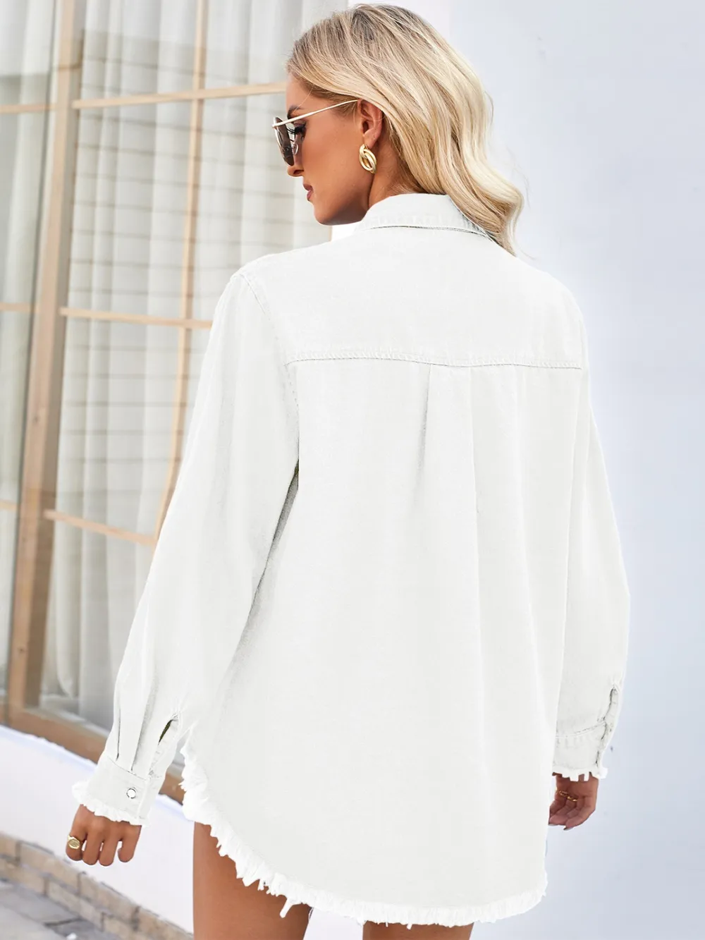 Raw Hem Button Up Long Sleeve Denim Jacket with Sequin Pockets, image 5