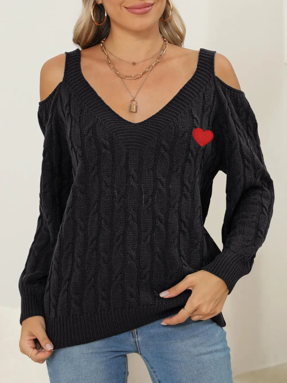 Cable-Knit Heart V-Neck Sweater, image 4