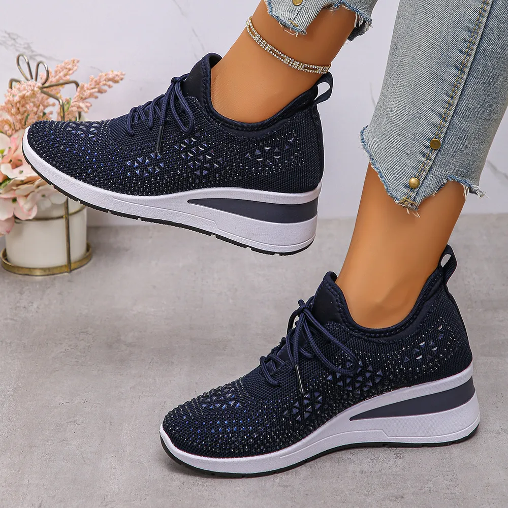 Breathable Mesh Rhinestone Wedge Athletic Sneakers, image 15
