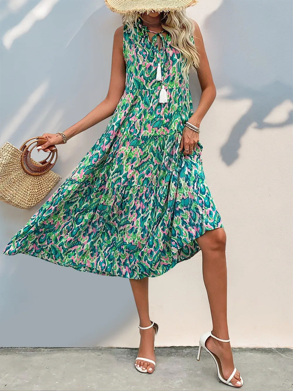 Tassel Printed Tie Neck Sleeveless Dress, image 2