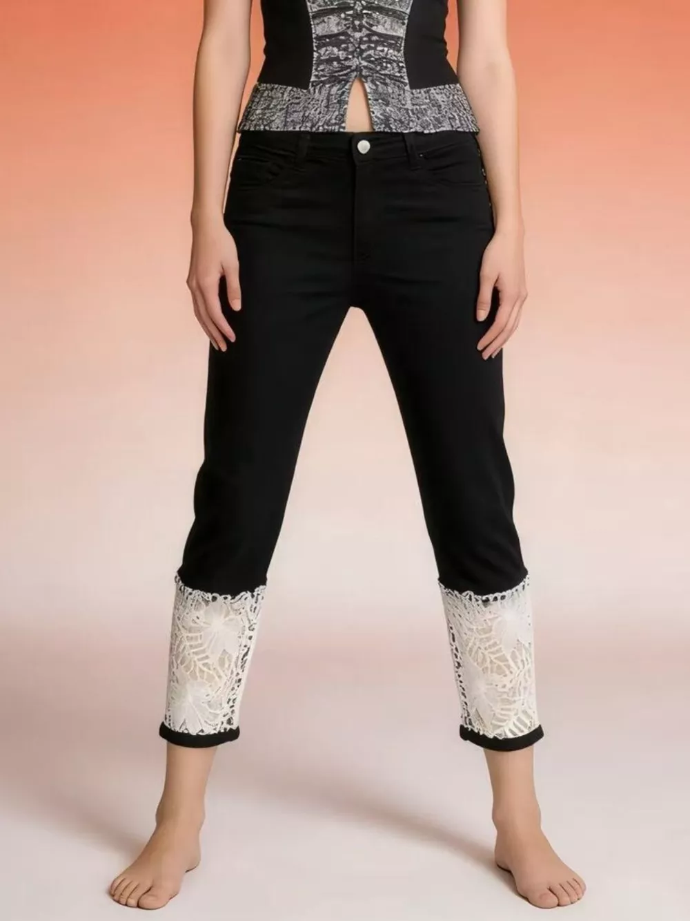 Full Size Lace Trimmed Capri Jeans Plus Size
