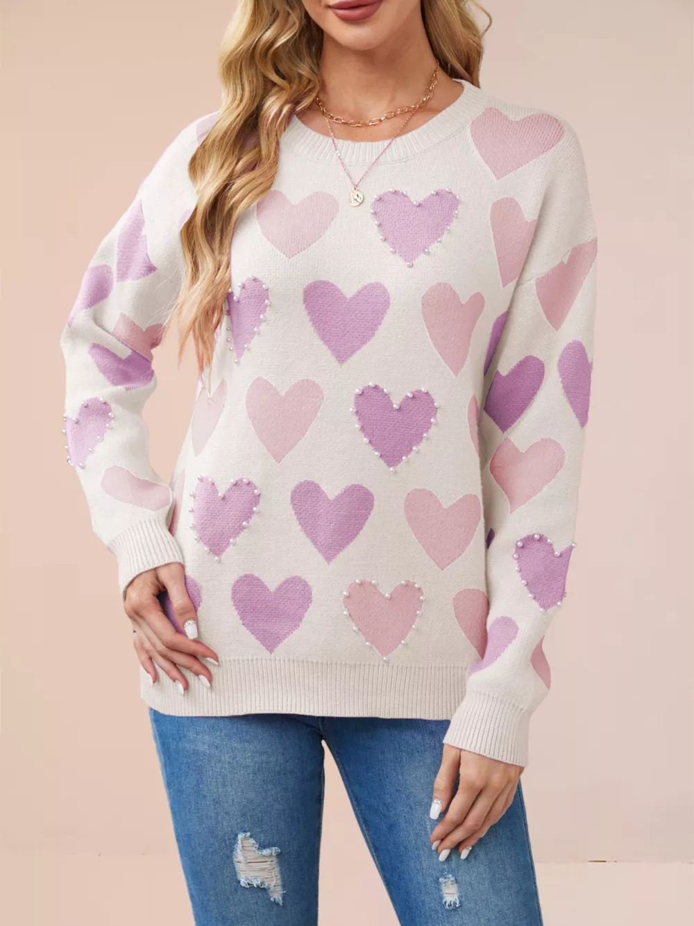 Heart Pattern Beaded Round Neck Sweater, image 6