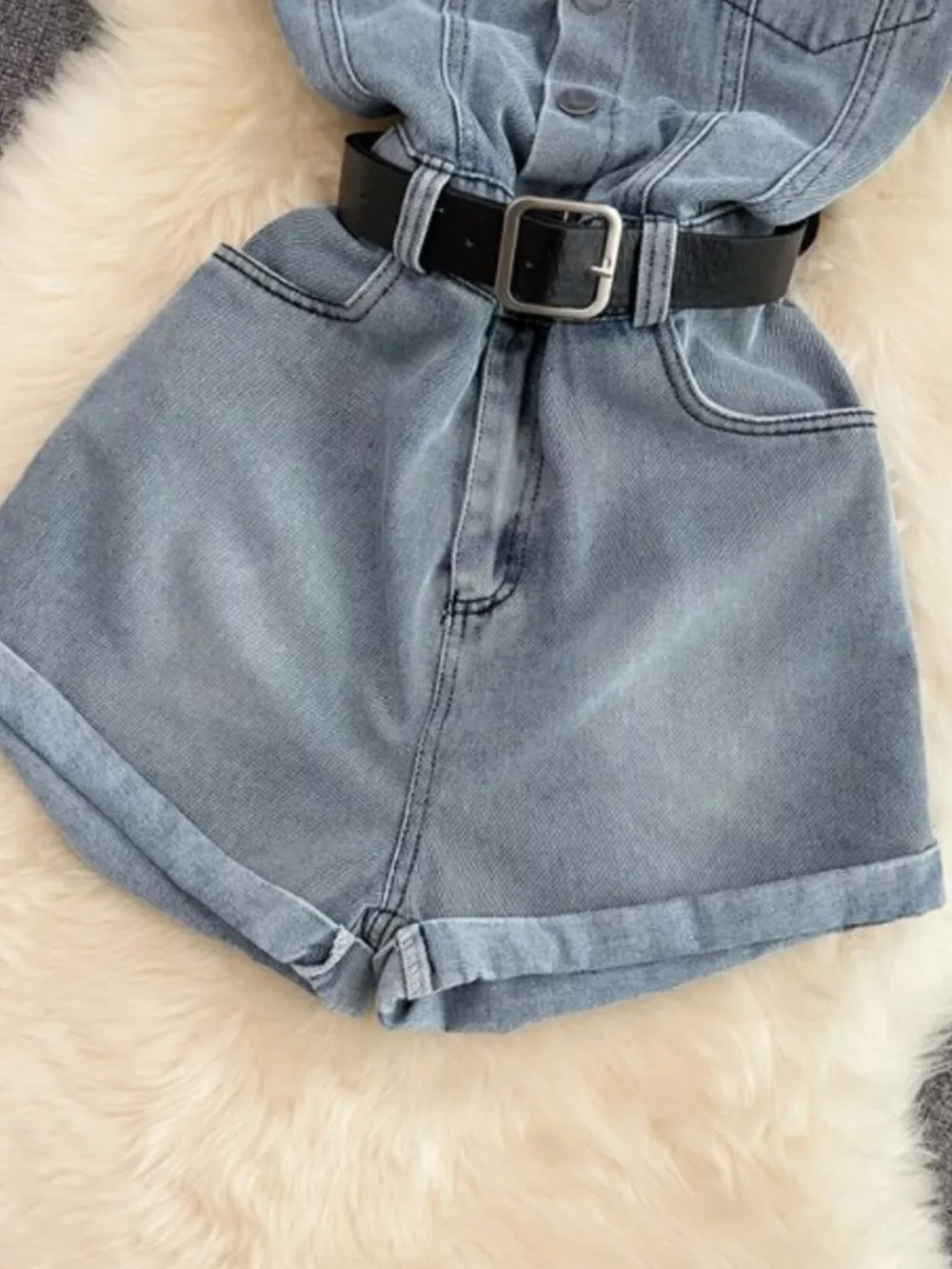 Button Front Short Sleeve Denim Romper, image 3