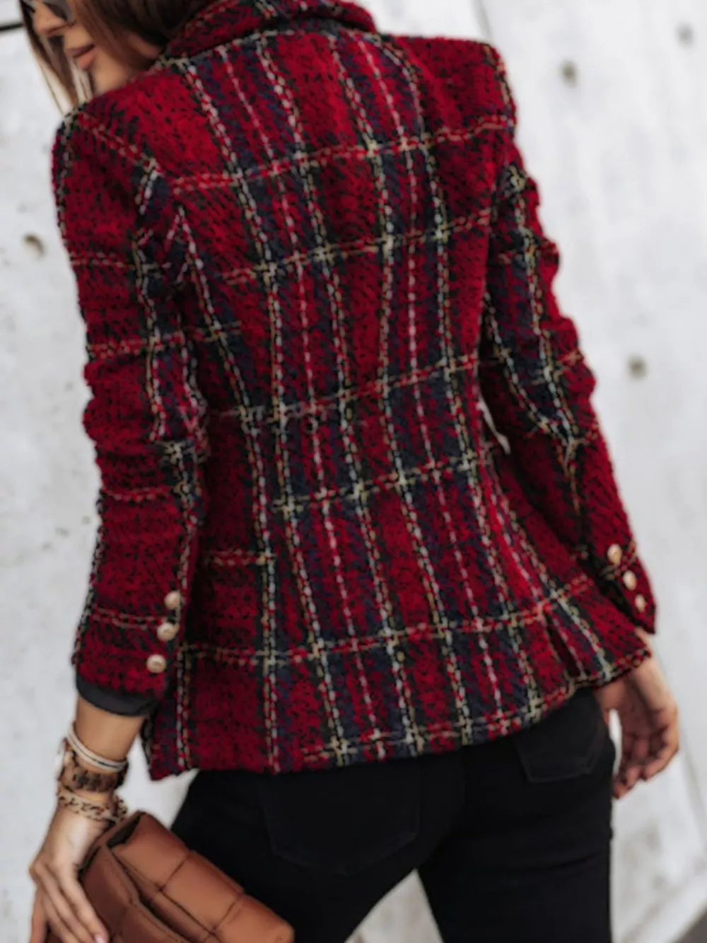 Full Size Plaid Tweed Double-Breasted Blazer Plus Size, image 4