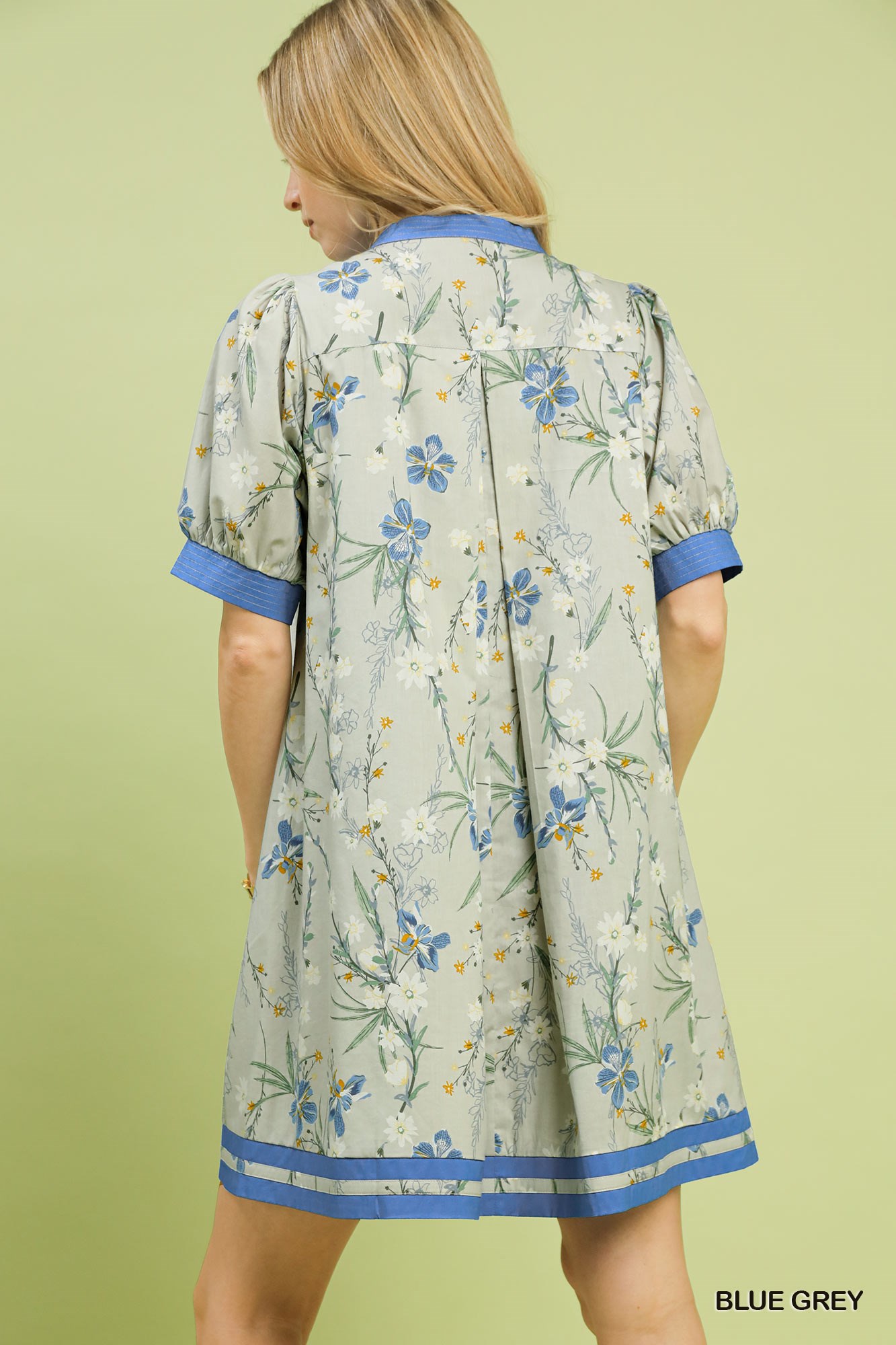 Floral Puff Sleeve Dress with Contrast Trim, image 2