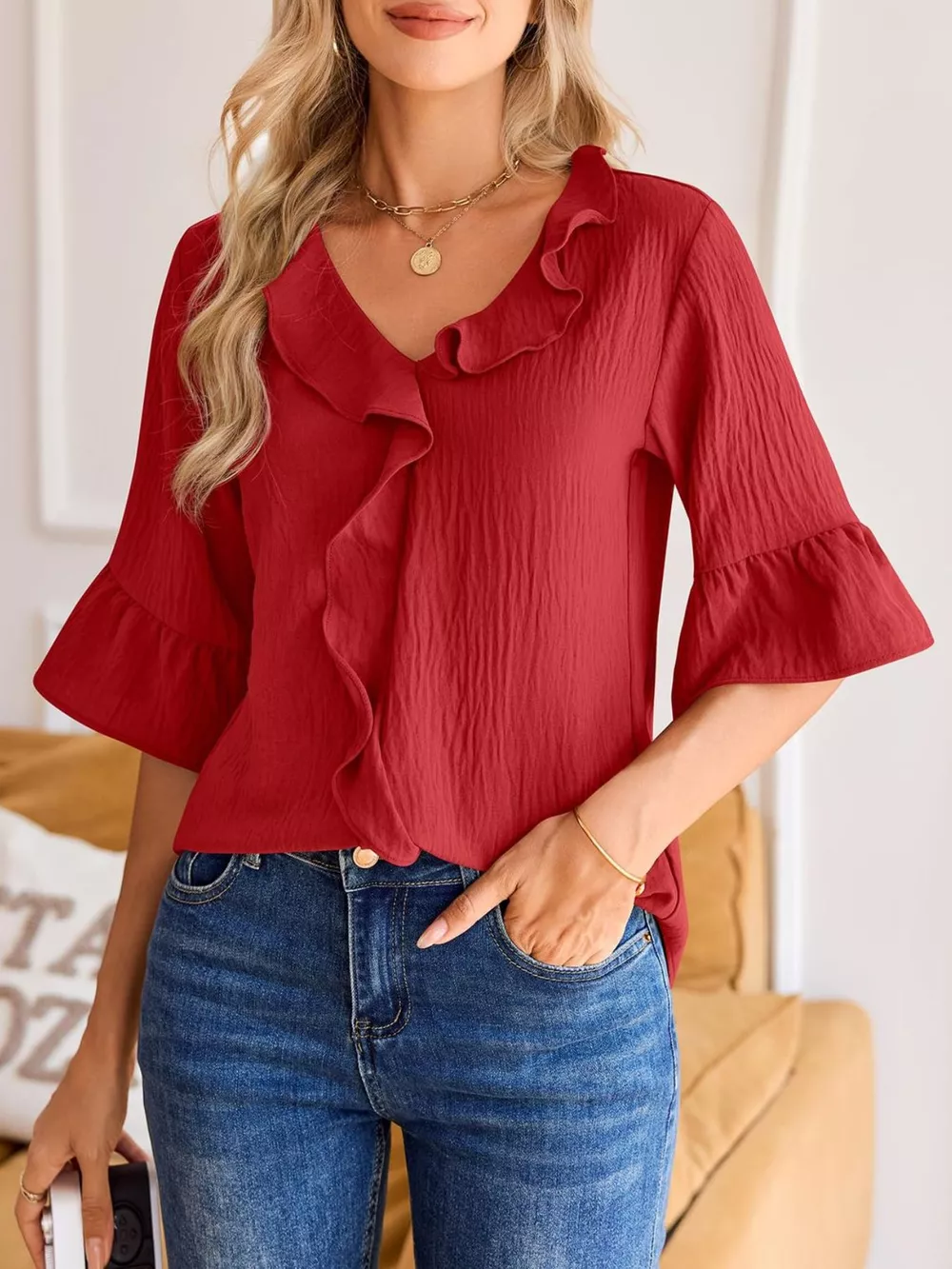 Ruffle Trim V-Neck Blouse, image 14