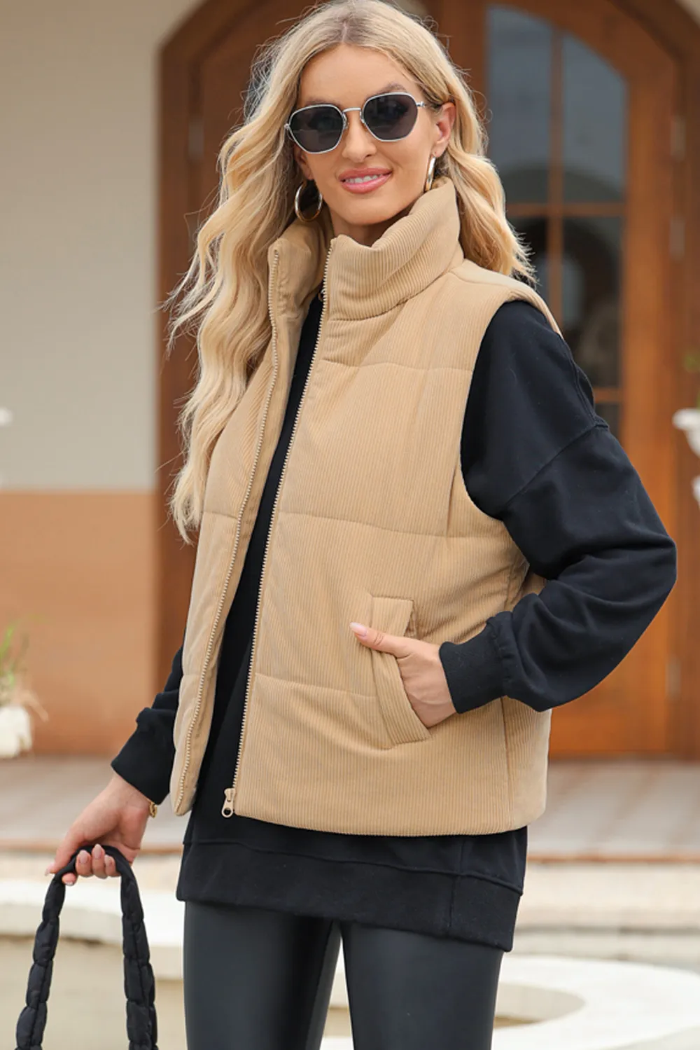 Pocketed Zip Up Turtleneck Vest Coat, image 6