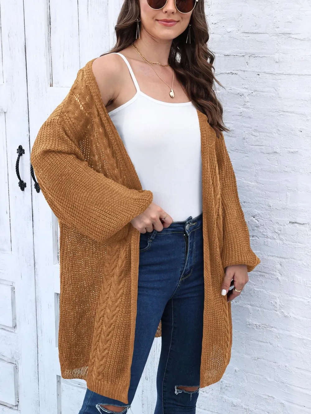Cable-Knit Open Front Long Sleeve Cardigan, image 13