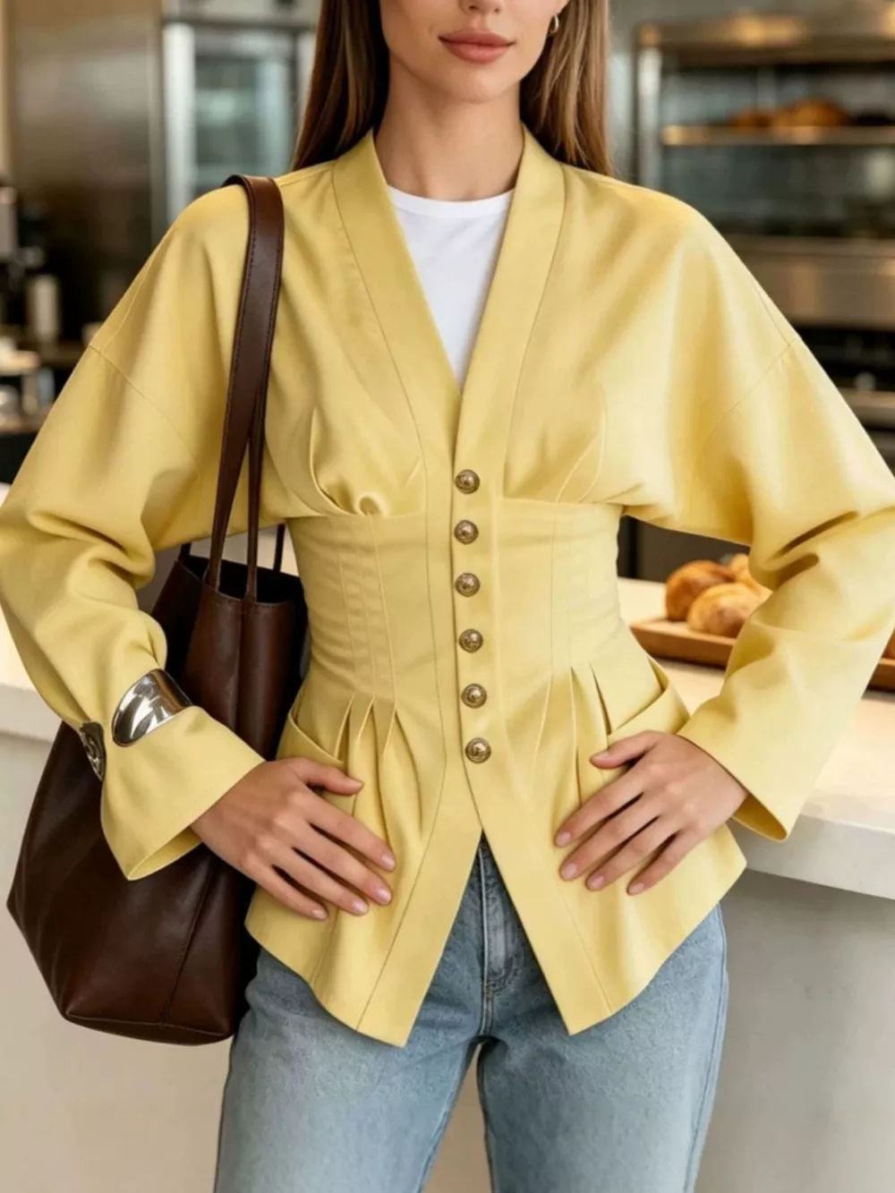 Pleated Waist Blouse with Button Detail, image 9