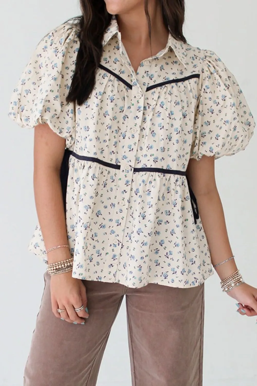 Contrast Trim Floral Puff Short Sleeve Shirt, image 2