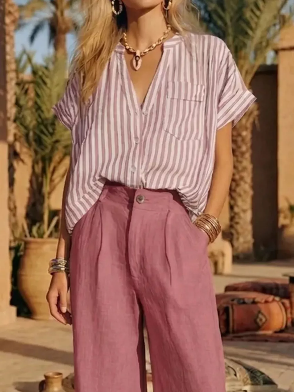 Full Size Striped Button Up Shirt and Pants Set Plus Size, image 4