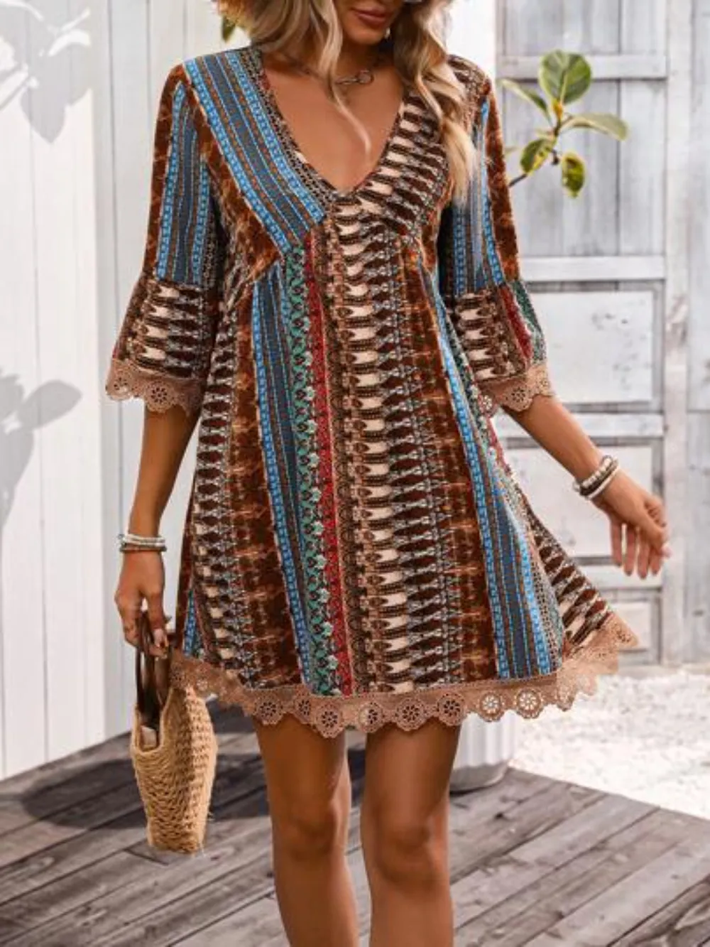 Lace Trim Printed V-Neck 3/4 Sleeve Dress, image 5
