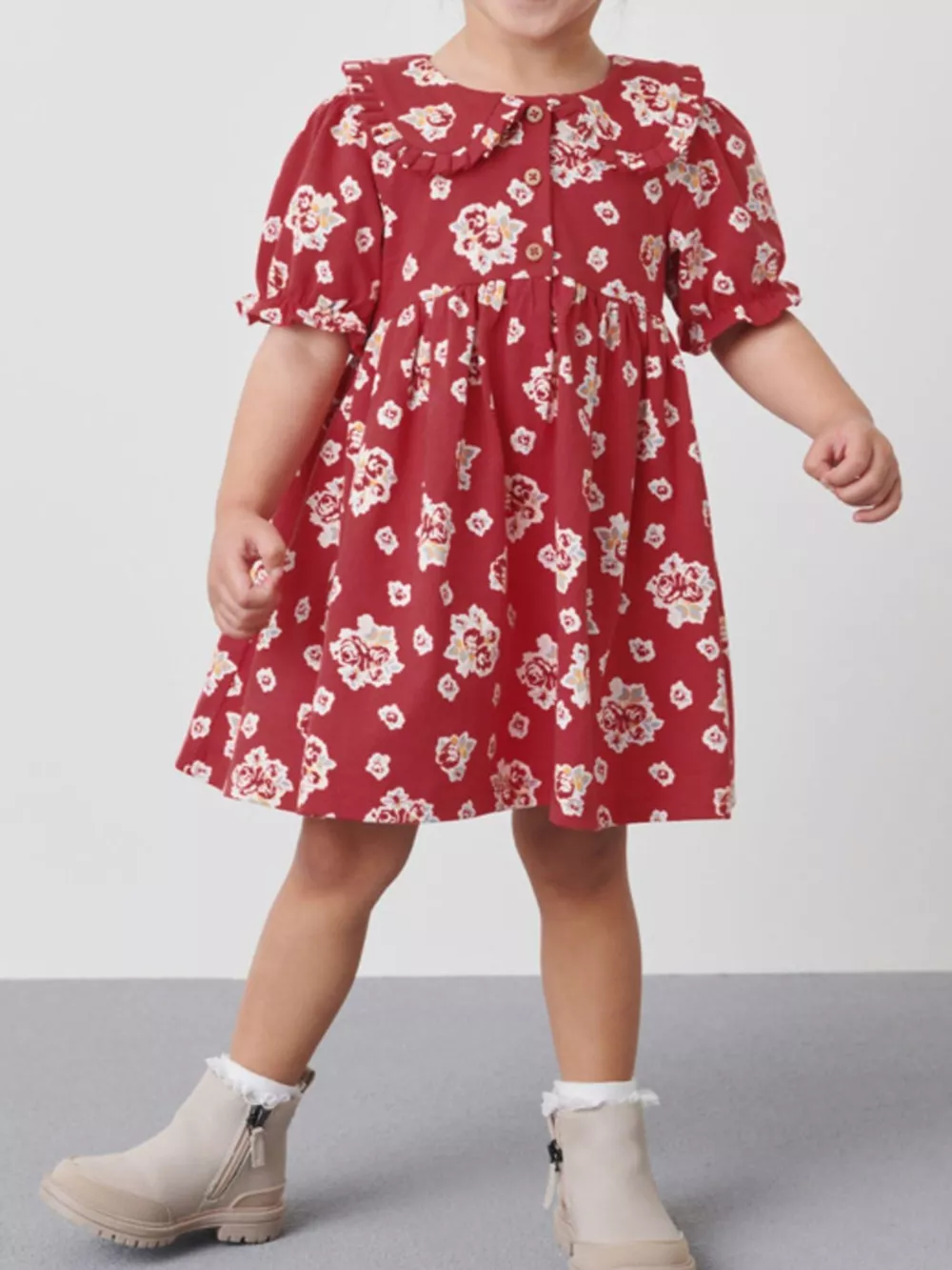 Children's Floral Print Ruffle Collar Button-Front Dress