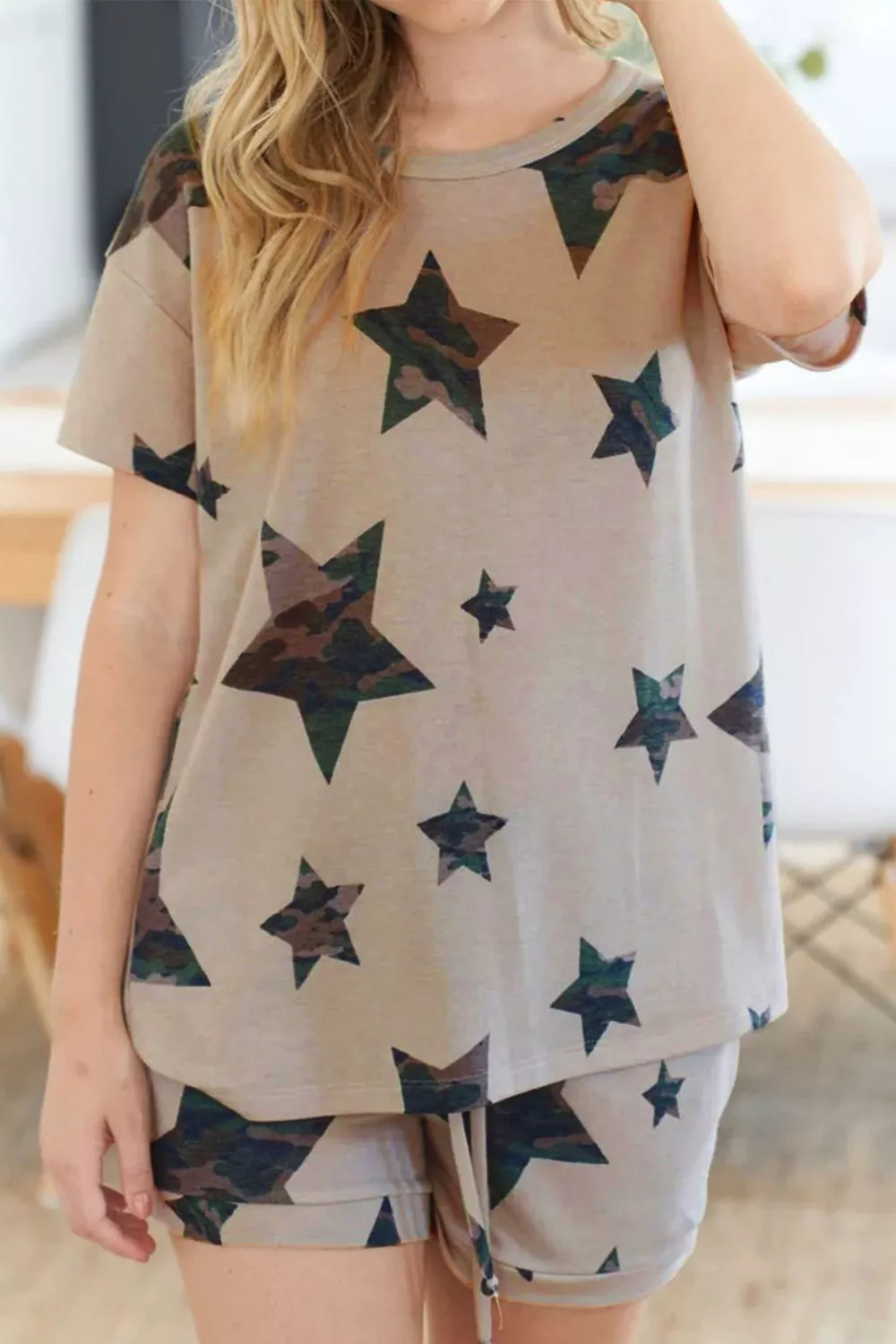Camo Star Print Tee and Shorts Lounge Set, image 3
