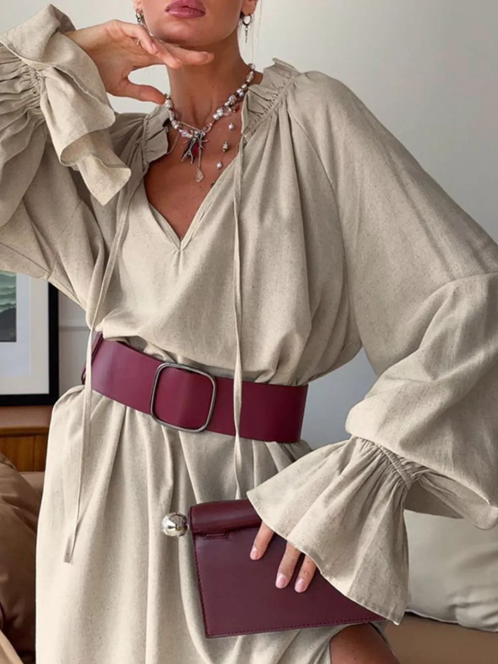 Tie Neck Flounce Sleeve Maxi Dress, image 4