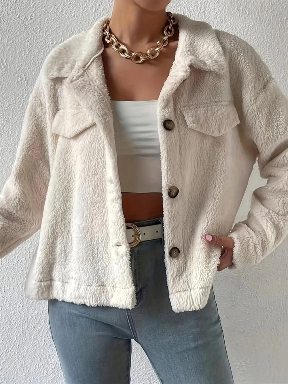 Collared Neck Button Up Jacket with Decorative Pocket Flaps, image 5