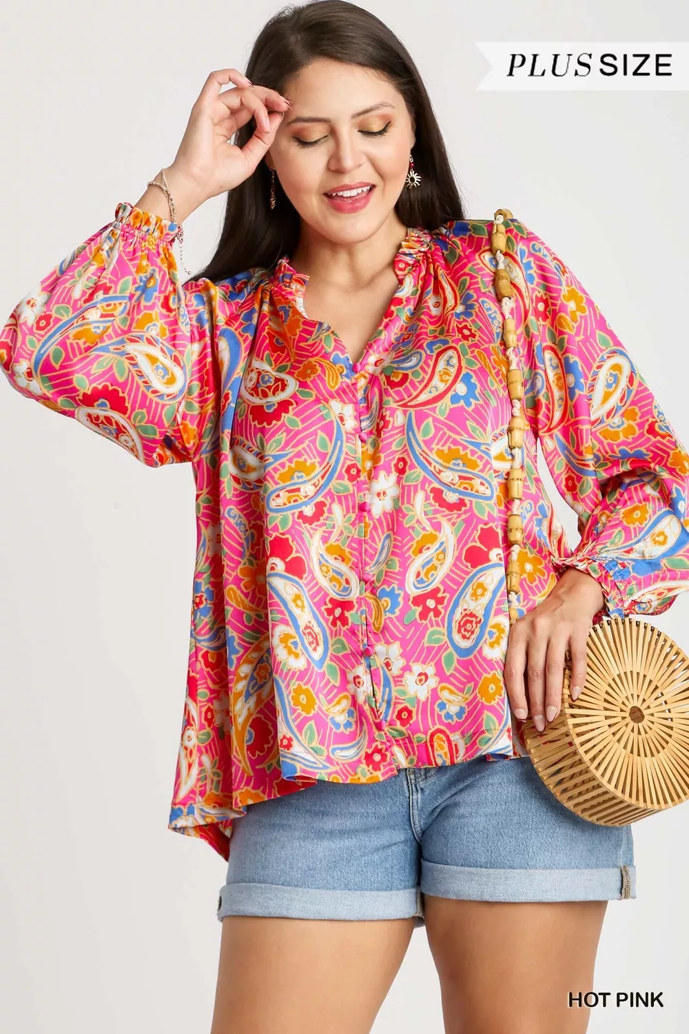 Full Size Satin Paisley Ruffle Neck Button-Up Shirt Plus Size, image 6