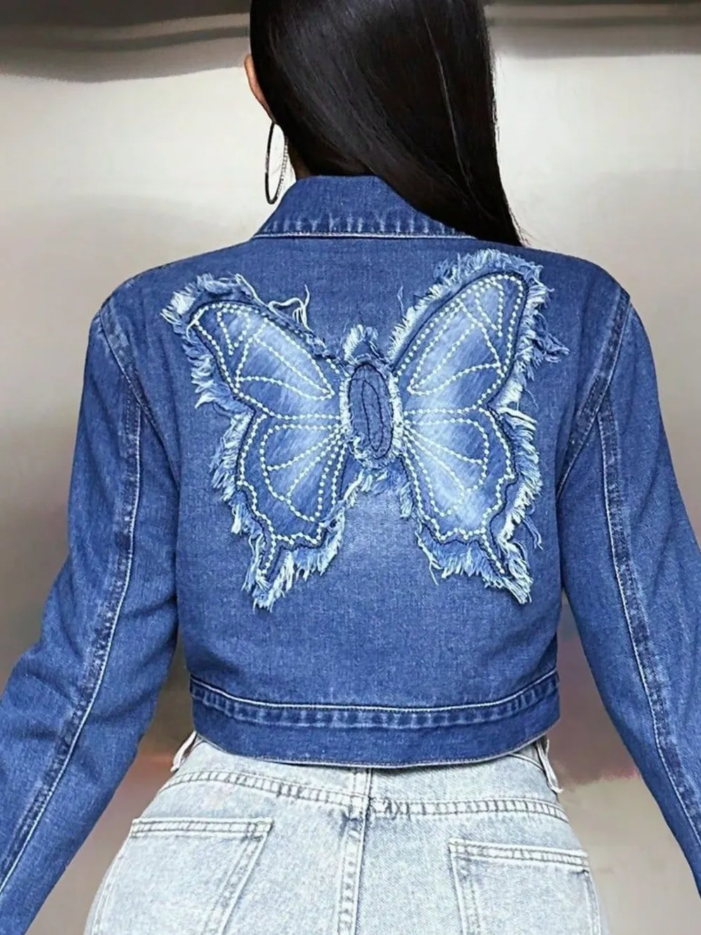 Butterfly Patch Long Sleeve Cropped Denim Top, image 4