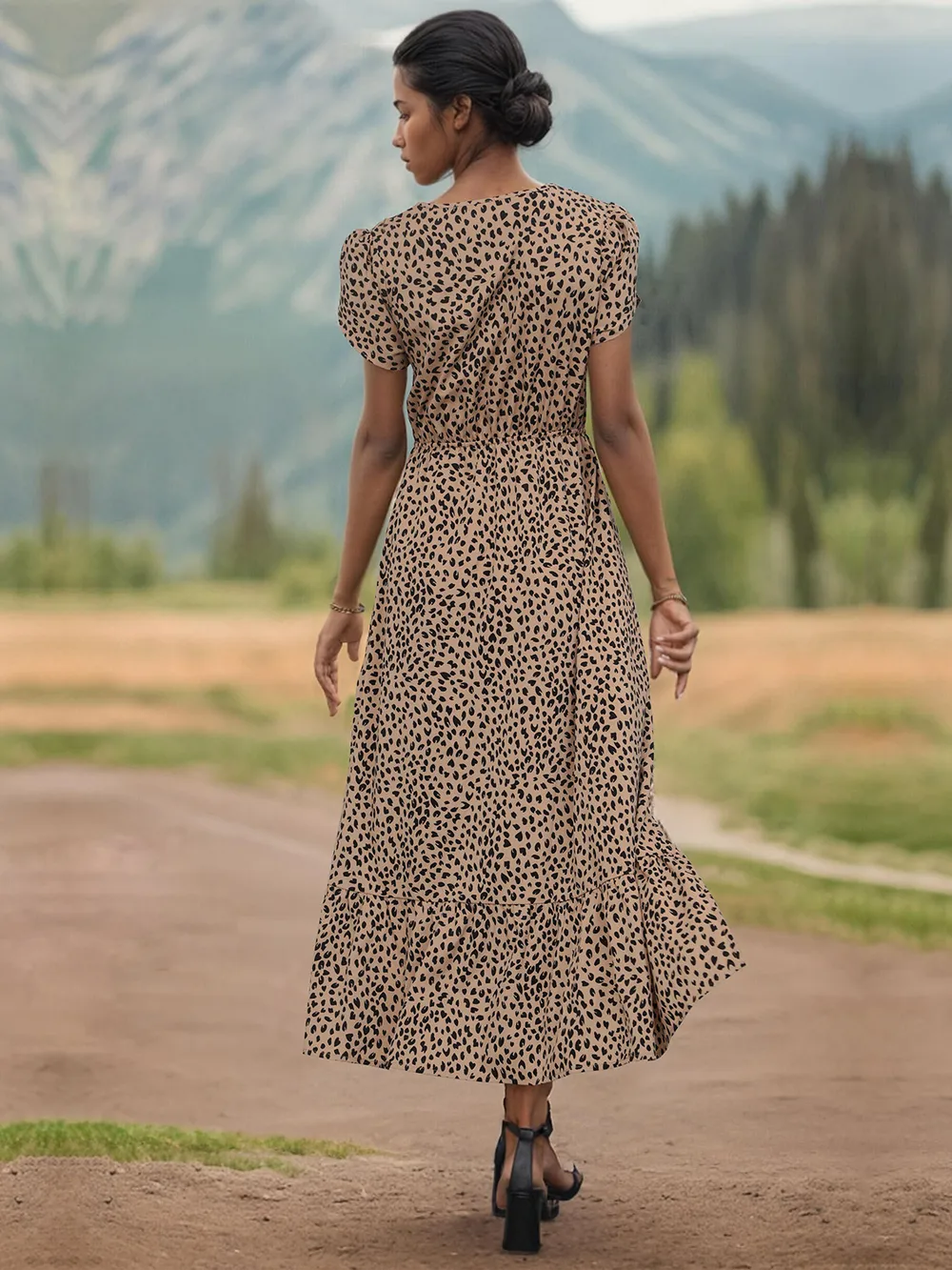 Slit Printed V-Neck Short Sleeve Dress, image 3